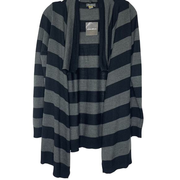 Eddie Bauer Travex Cardigan Sweater M Black Gray Stripe Wool Blend Open NEW - Picture 1 of 7